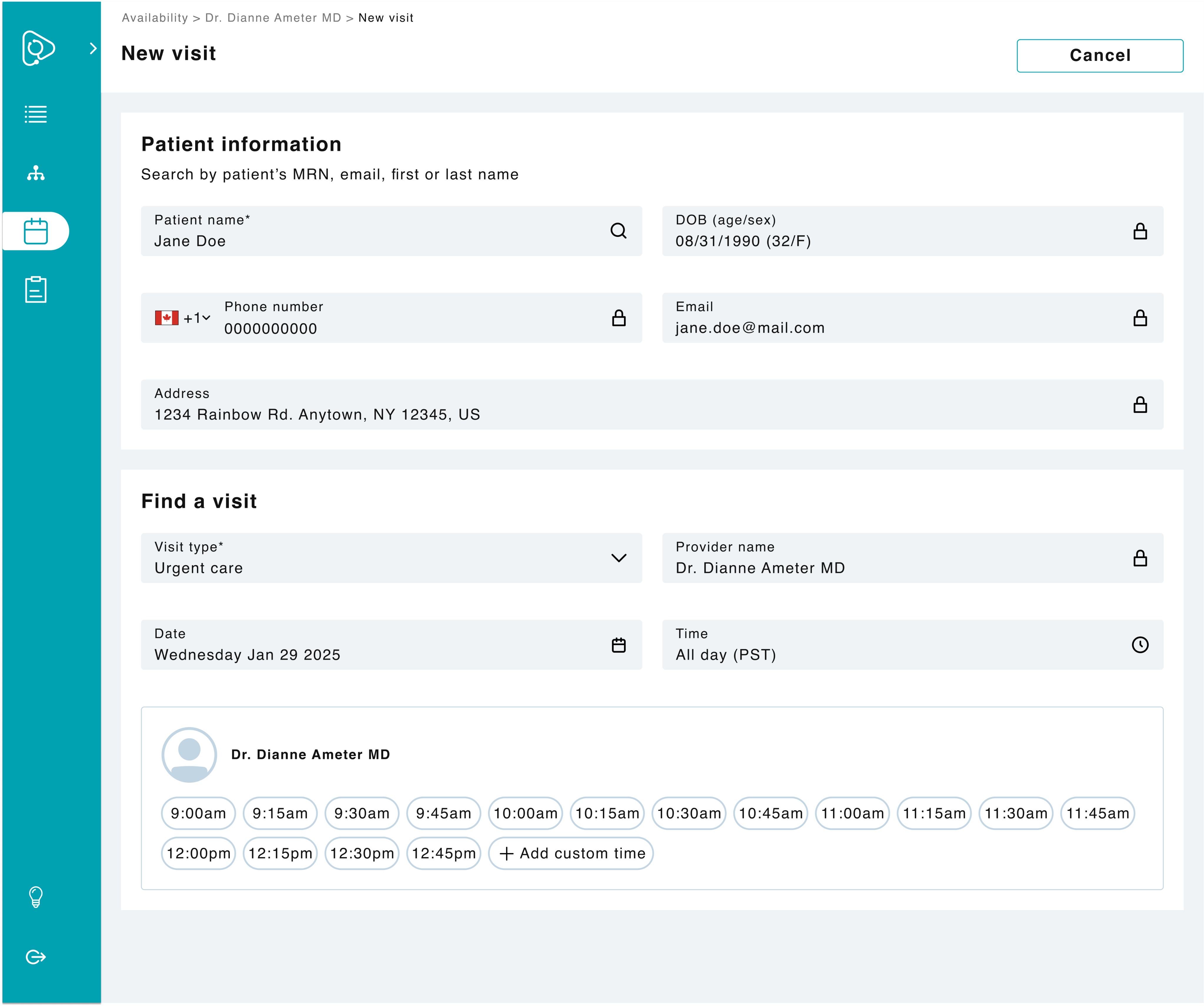 New booking screen showing available times for one provider