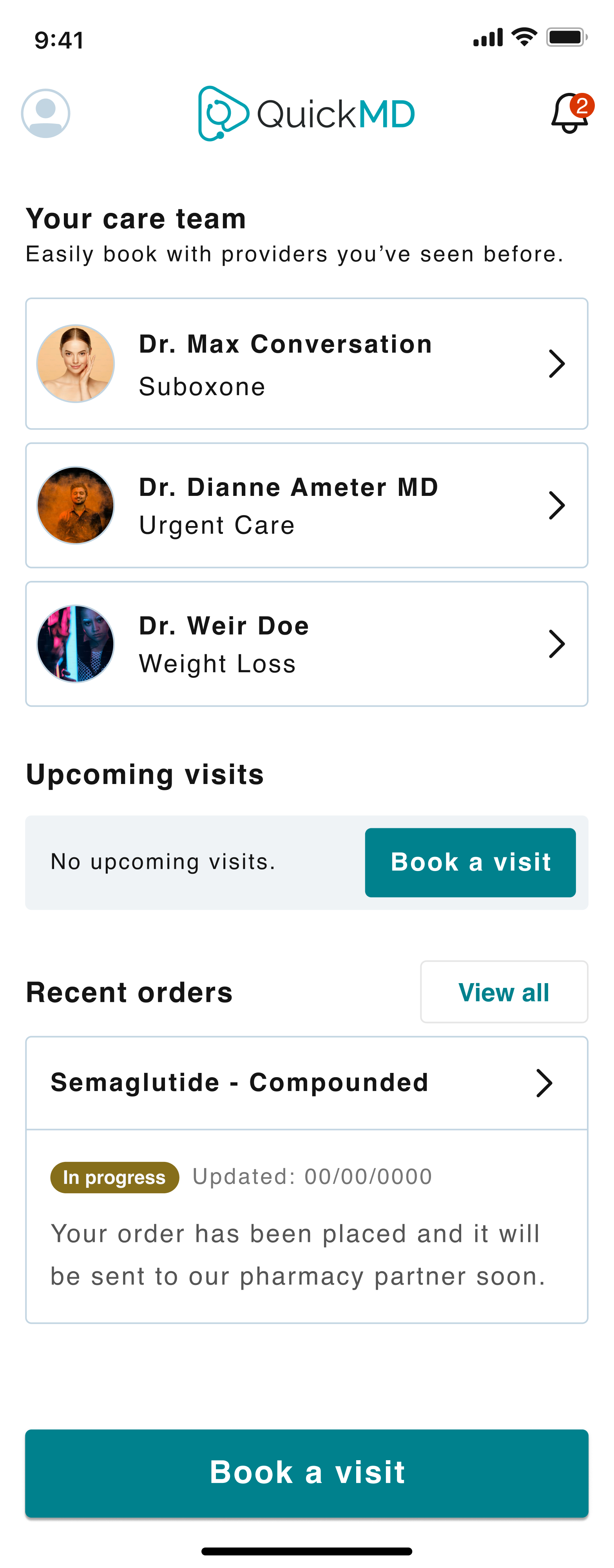 Homepage showing the patient's order status