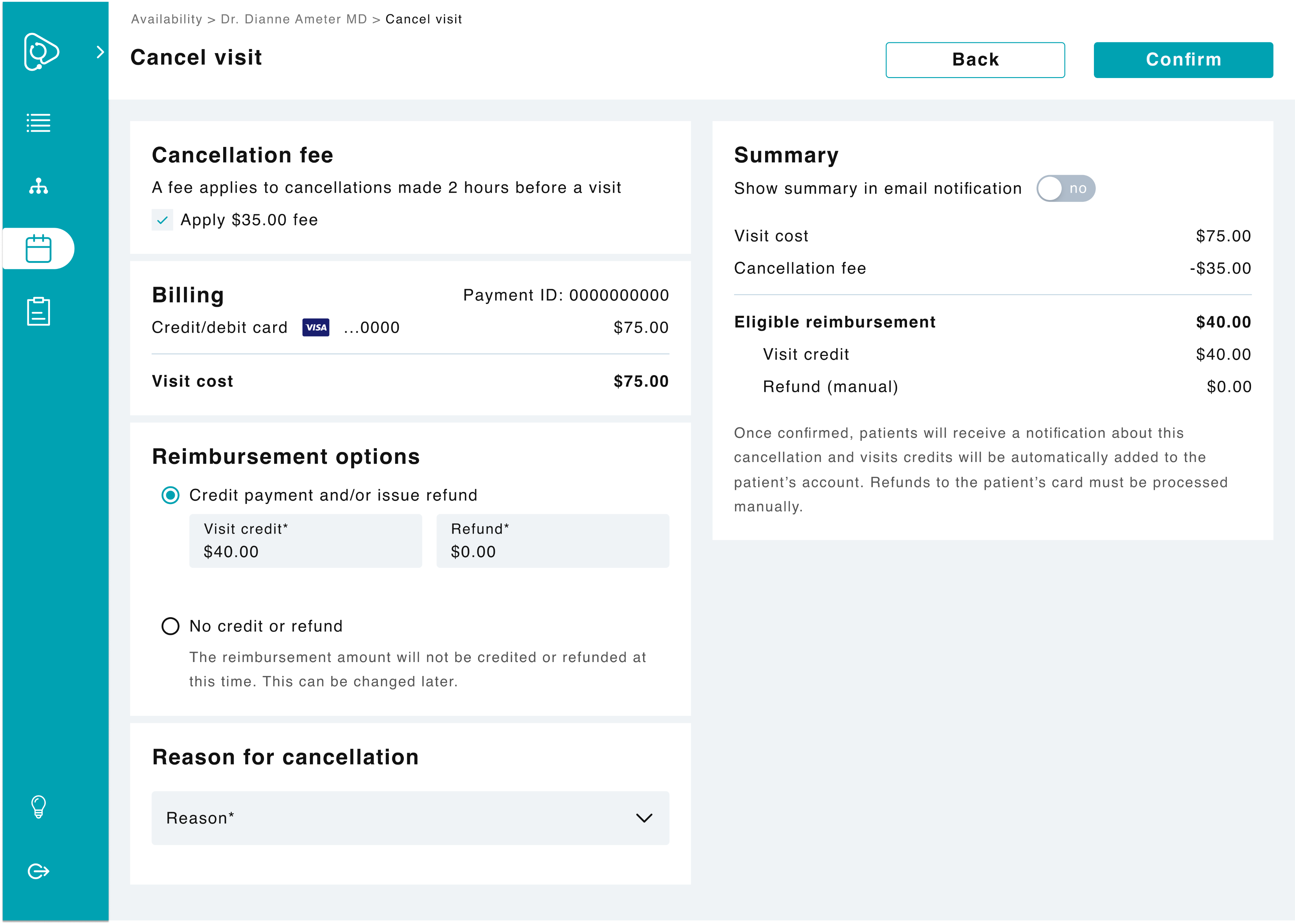 New visit cancellation screen with fee applied
