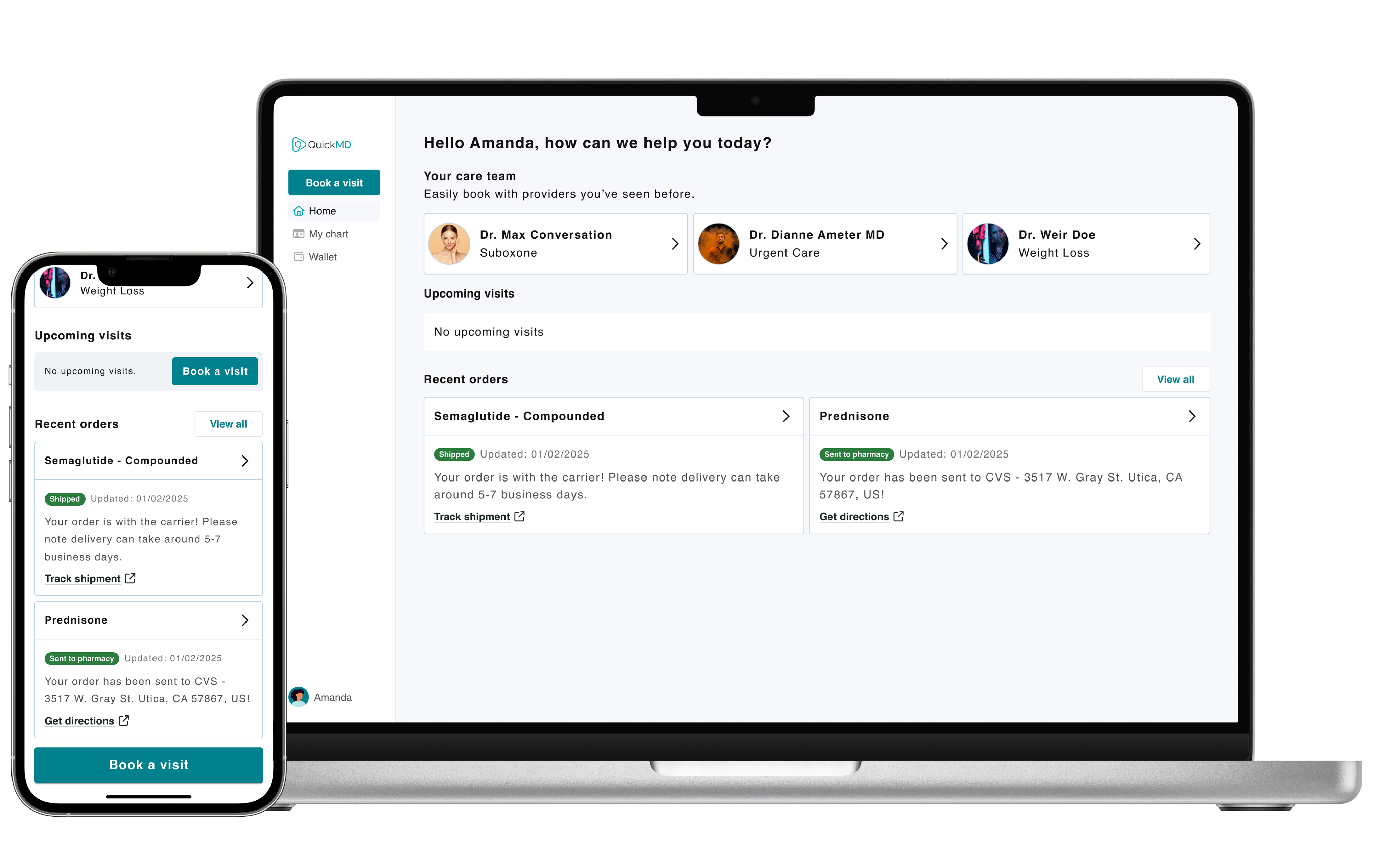 Telehealth app homepage for patients