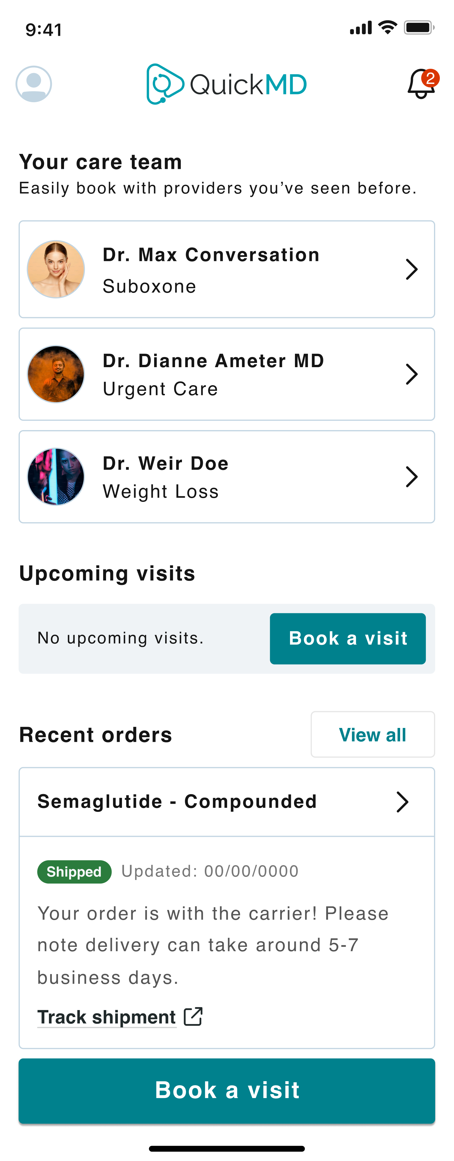 Homepage showing the patient's order status
