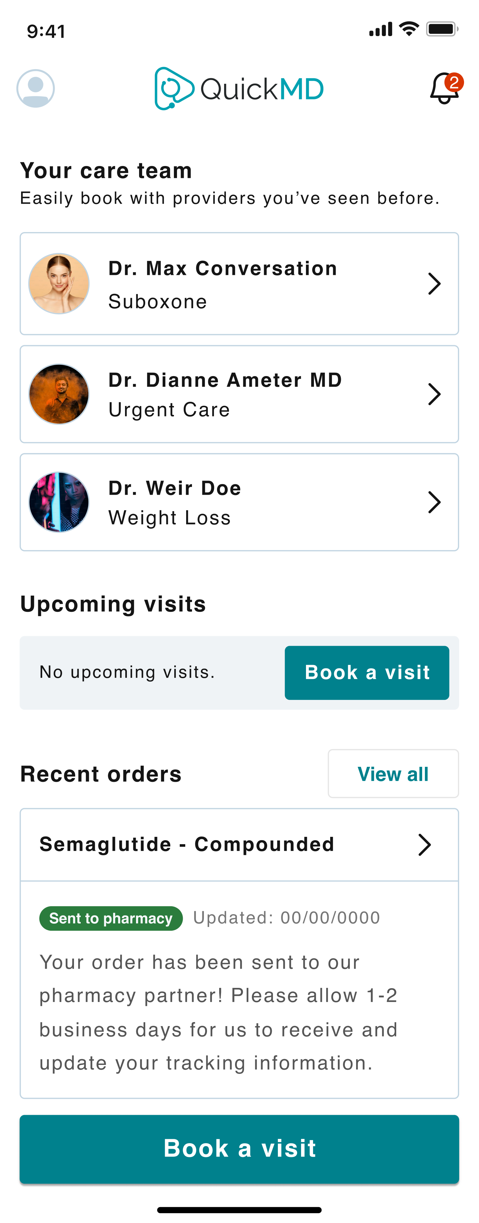 Homepage showing the patient's order status