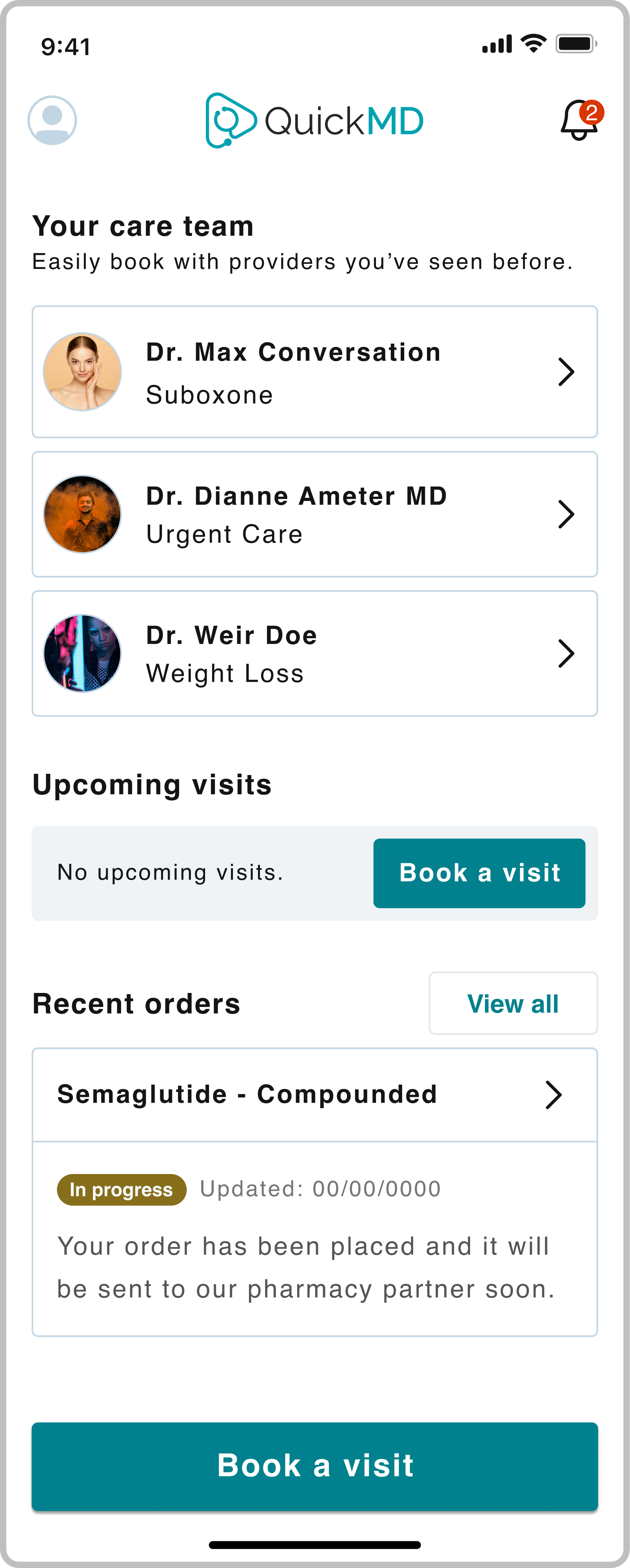 Telehealth app homepage for patients