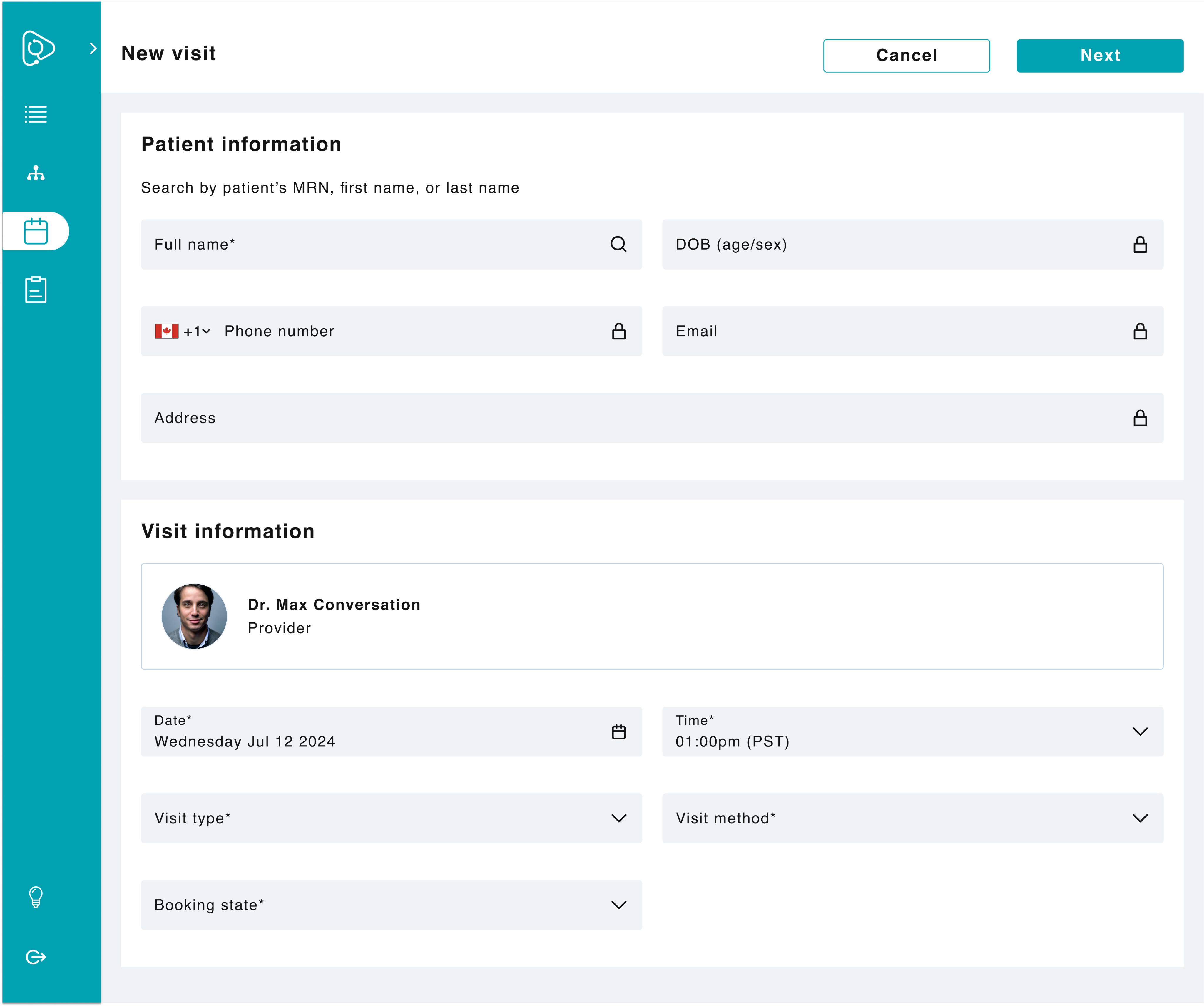 Original screen for booking a new visit for the internal team
