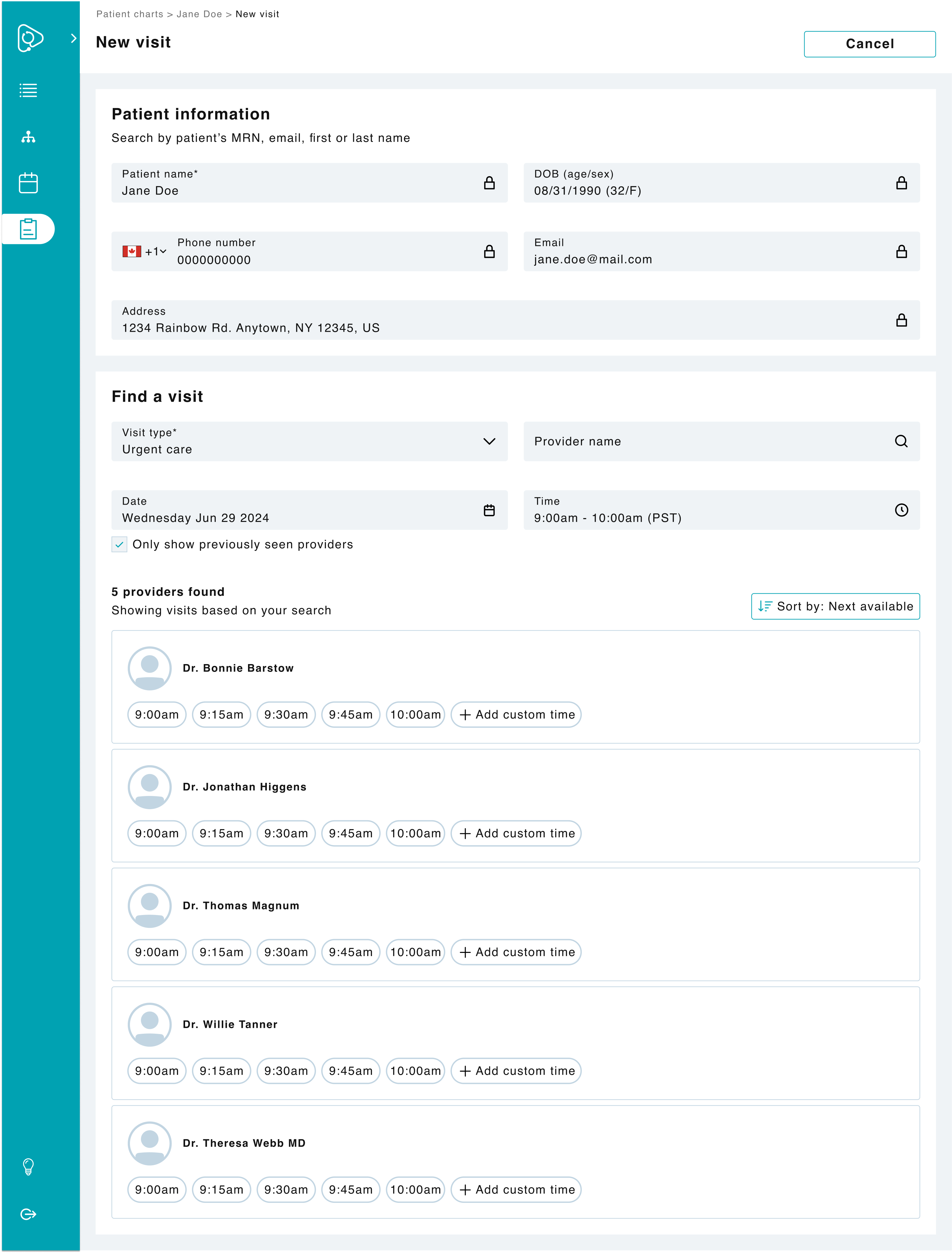 New booking screen showing available times for multiple provider