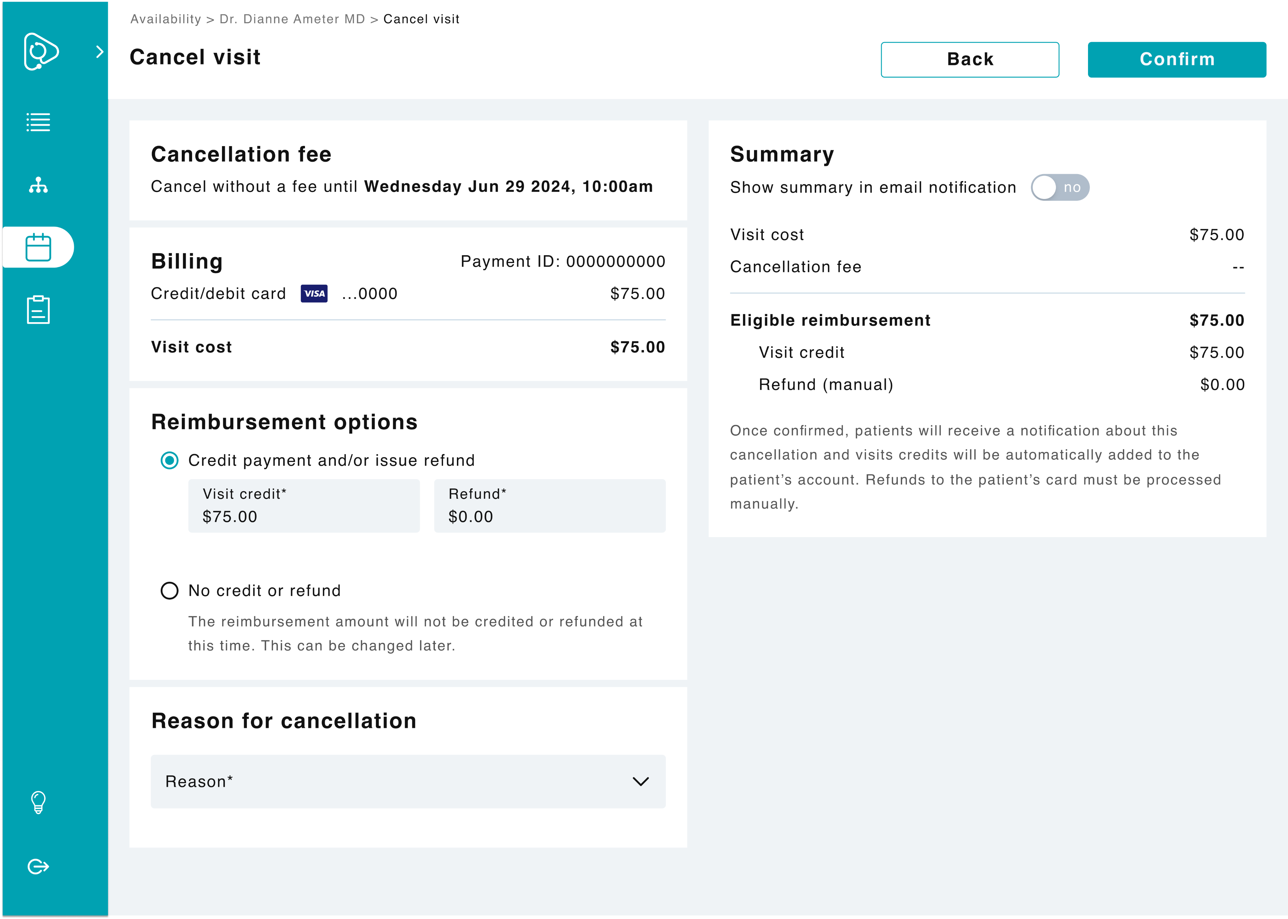 New visit cancellation screen with no fee applied