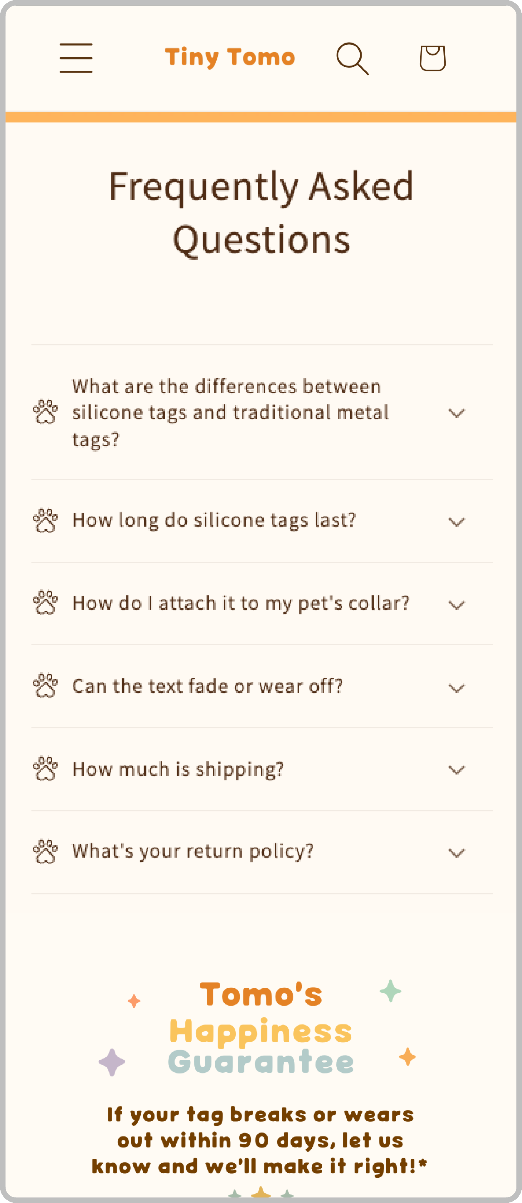 FAQs section for e-commerce website